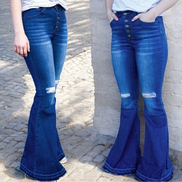 Lucky & Blessed Distressed Button Fly High Waist Mid Wash Flare Jeans NWT - Picture 4 of 15